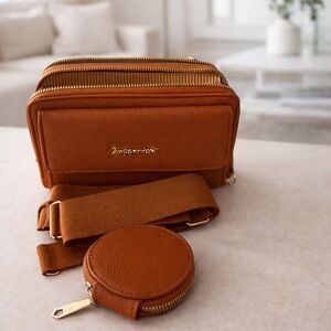Leather Crossbody Bag with Coin Pouch - Cognac